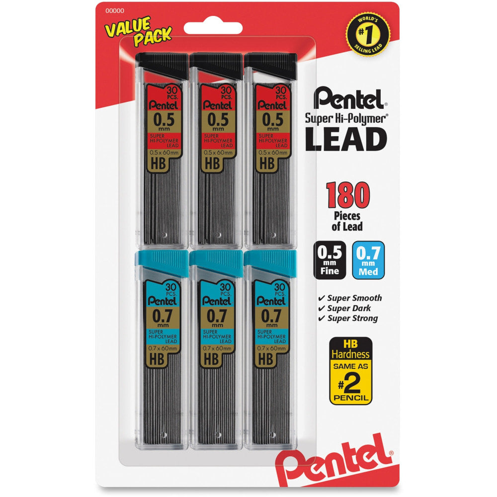 Pentel Super Hi-Polymer Lead Refills Value Pack, 3 Packs of 0.5 mm, 3 Packs of 0.7 mm Point, 30 Leads per Pack - 180 Total Quantity