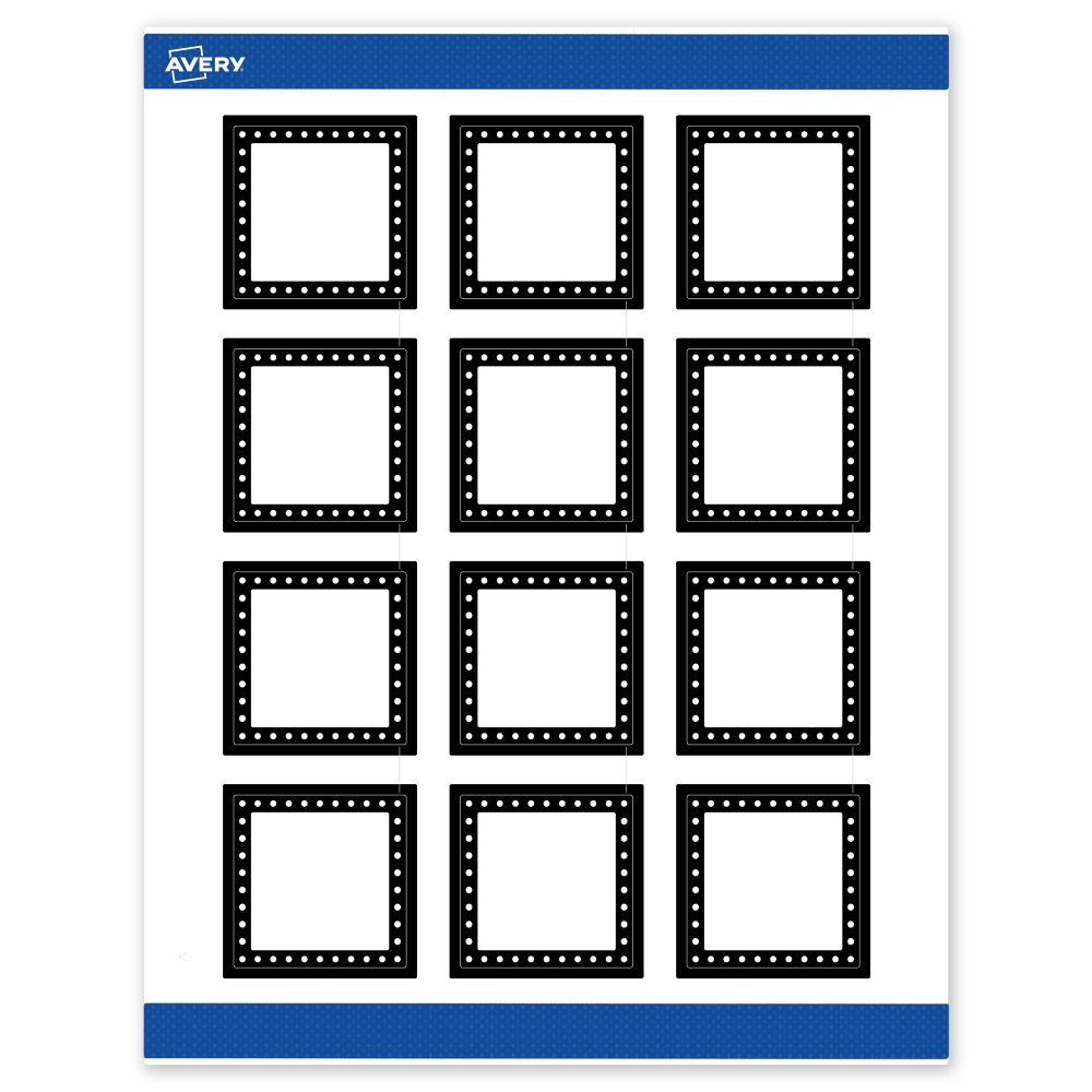 Avery Print-To-The-Edge Labels & Sure Feed, S00-DKQ-PRWMP10, 2in x 2in, Matte White, Preprinted Black & White Polka Dots Design, Pack Of 120