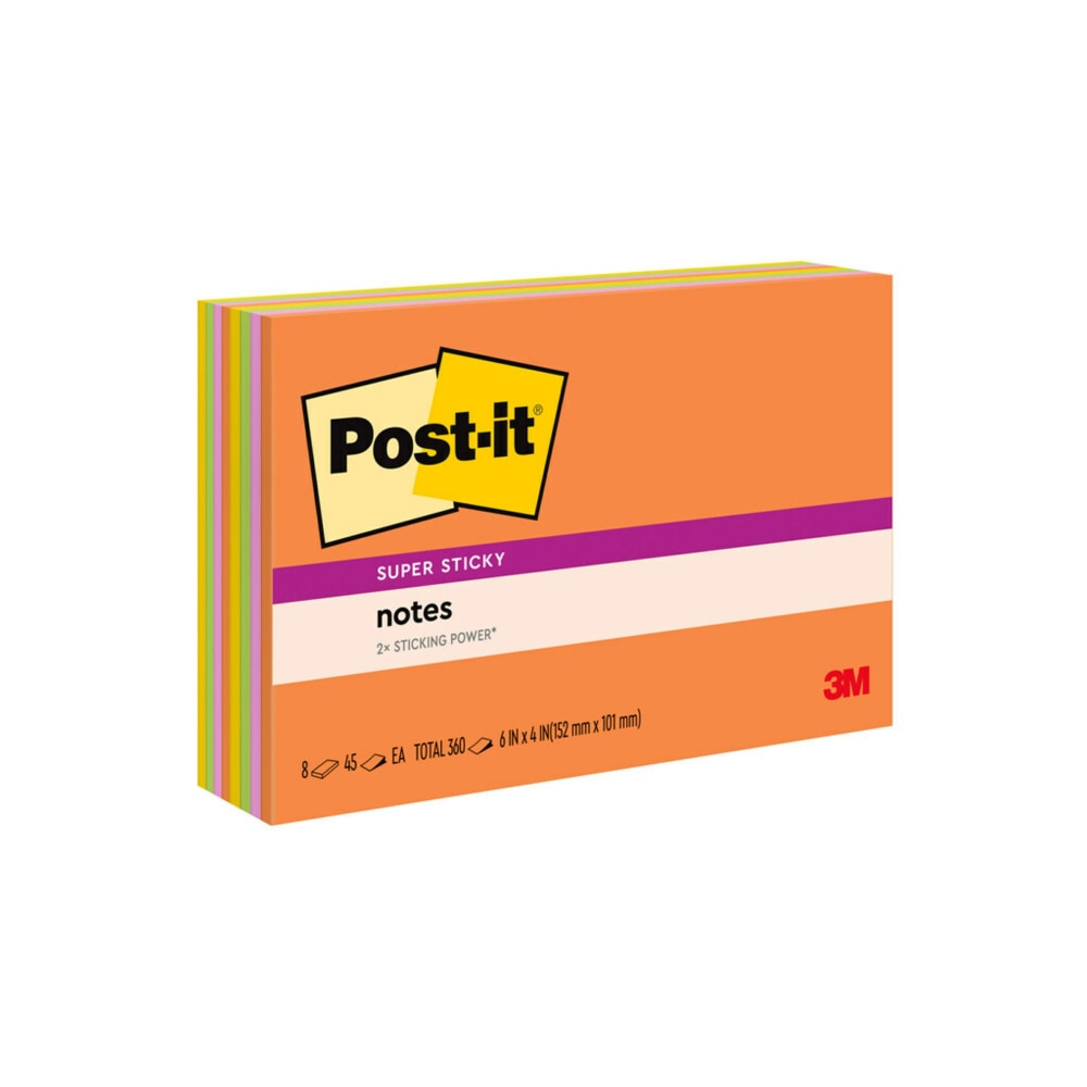 Post-it Super Sticky Notes, 4 x 6 in, 8 Sticky Note Pads, 45 Sheets/Pad, 2X the Sticking Power, School Supplies and Office Products, Energy Boost