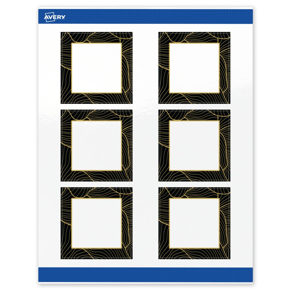 Avery Printable Labels With Sure Feed Technology, S00-ETD, Square, 3in x 3in, Glossy White With Preprinted Black/Gold Vein Border, Pack Of 60