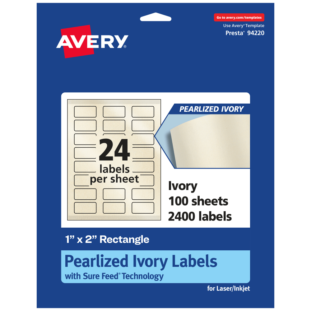 Avery Pearlized Permanent Labels With Sure Feed, 94220-PIP100, Rectangle, 1in x 2in, Ivory, Pack Of 2,400 Labels