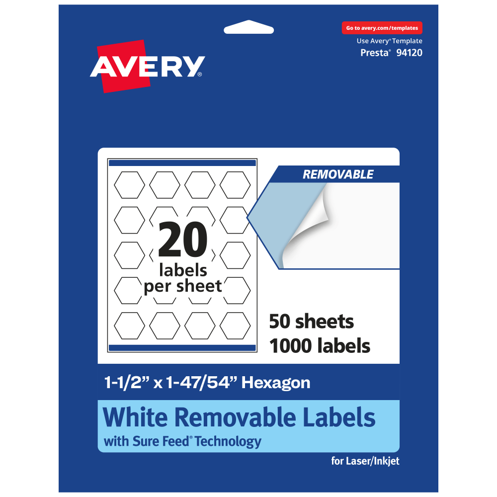 Avery Removable Labels With Sure Feed, 94120-RMP50, Hexagon, 1-1/2in x 1-47/54in, White, Pack Of 1,000 Labels