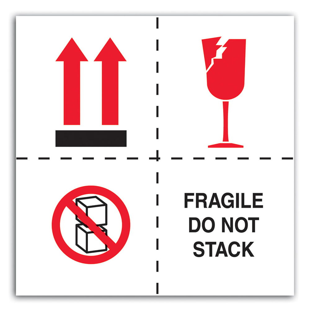 Tape Logic Preprinted International Safe-Handling Labels, DL4501, "Fragile, Do Not Stack", 4in x 4in, Red/Black/White, Roll Of 500