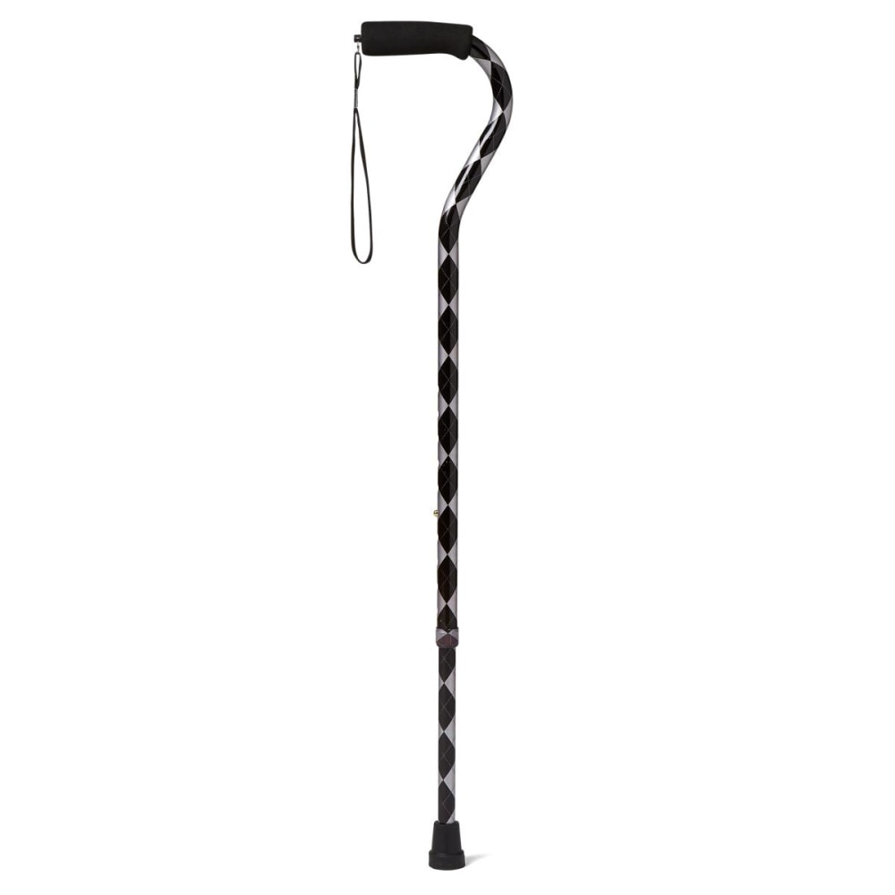 Medline Adjustable Aluminum Offset-Handle Cane, 29in - 38inH, Black Argyle