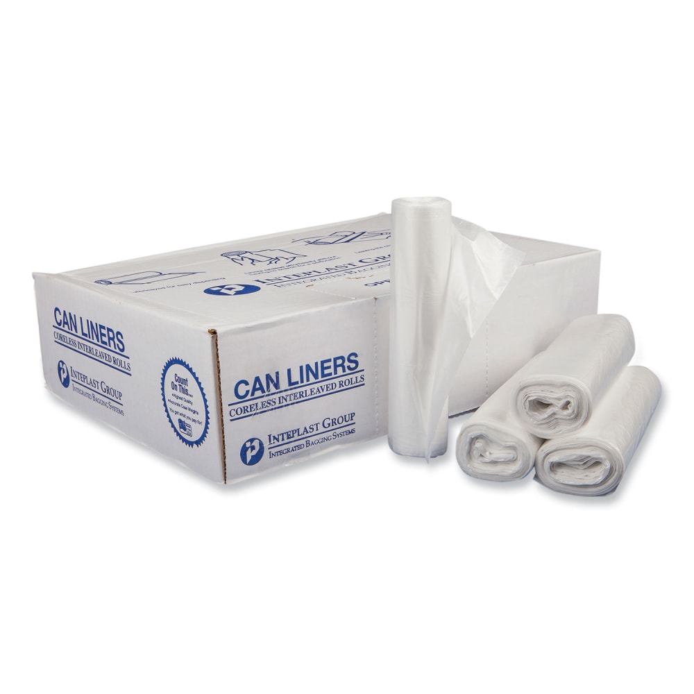 Interplast Group High Density Commercial Can Liners, 30 gal, 0.63 mil, 16 mic, 30in x 37in, Clear, Interleaved Roll, 25 Bags/Roll, 20 Rolls/Carton