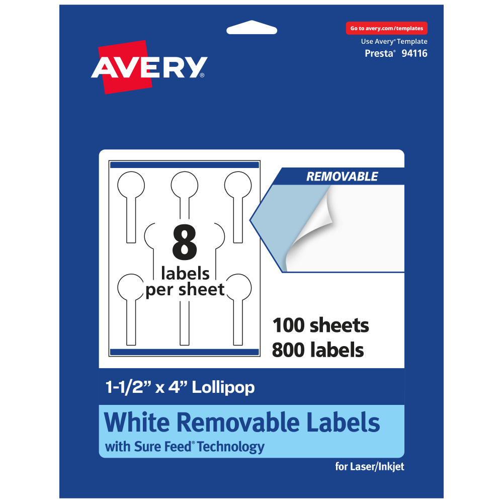 Avery Removable Labels With Sure Feed, 94116-RMP100, Lollipop, 1-1/2in x 4in, White, Pack Of 800 Labels