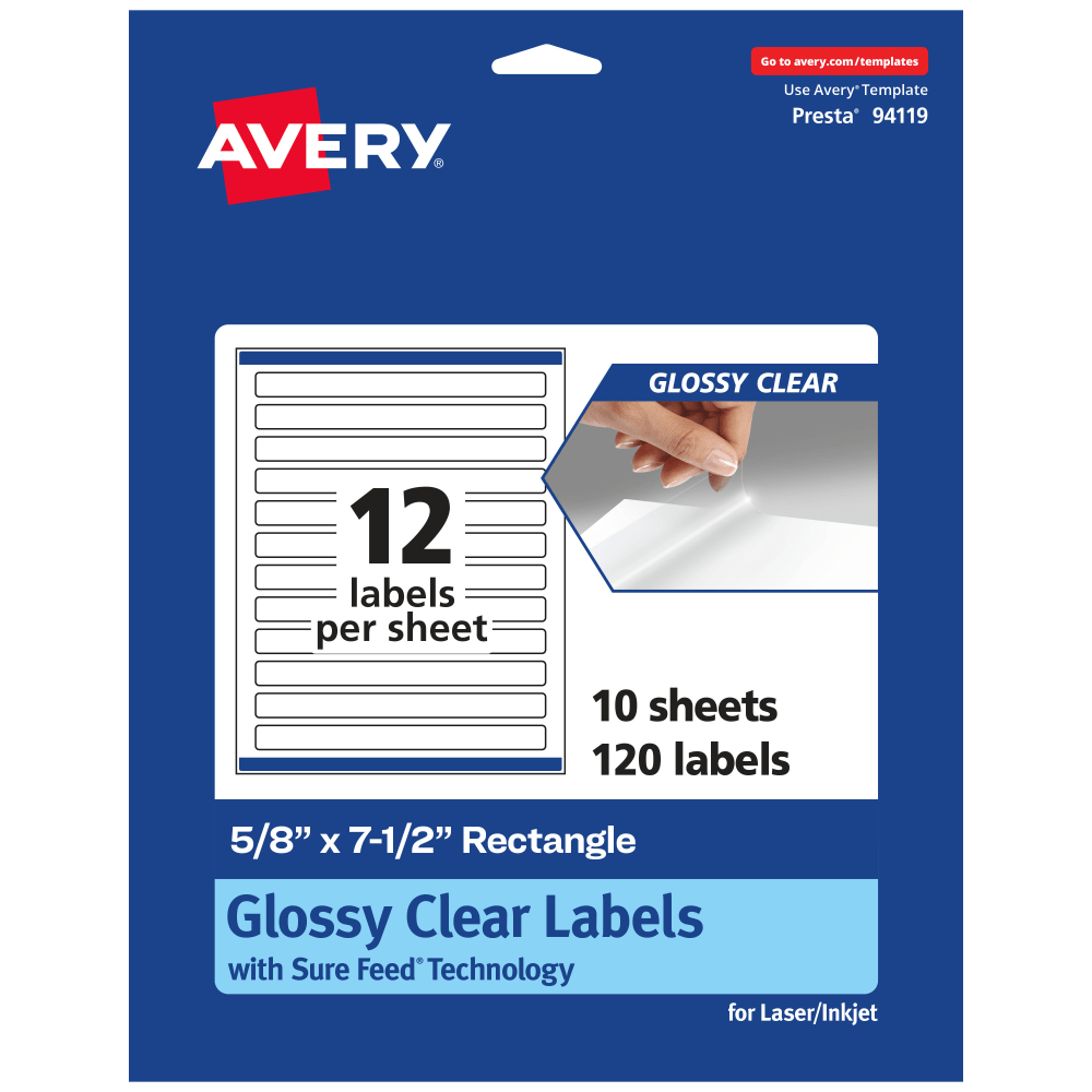 Avery Glossy Permanent Labels With Sure Feed, 94119-CGF10, Rectangle, 5/8in x 7-1/2in, Clear, Pack Of 120