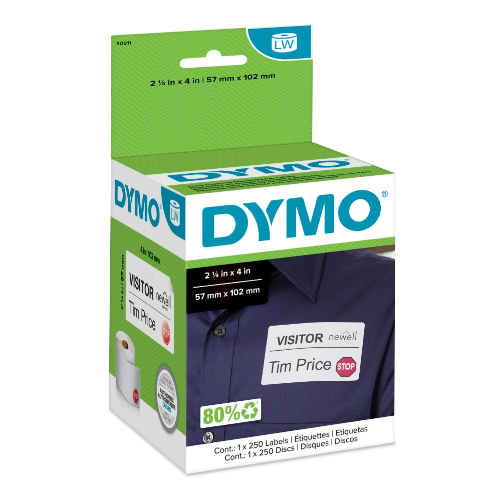 DYMO Authentic LW Name Badge Labels with 12-Hour Expiration Notification Disks for LabelWriter Label Printers, White, 2-1/4in x 4in, 1 Roll of 250