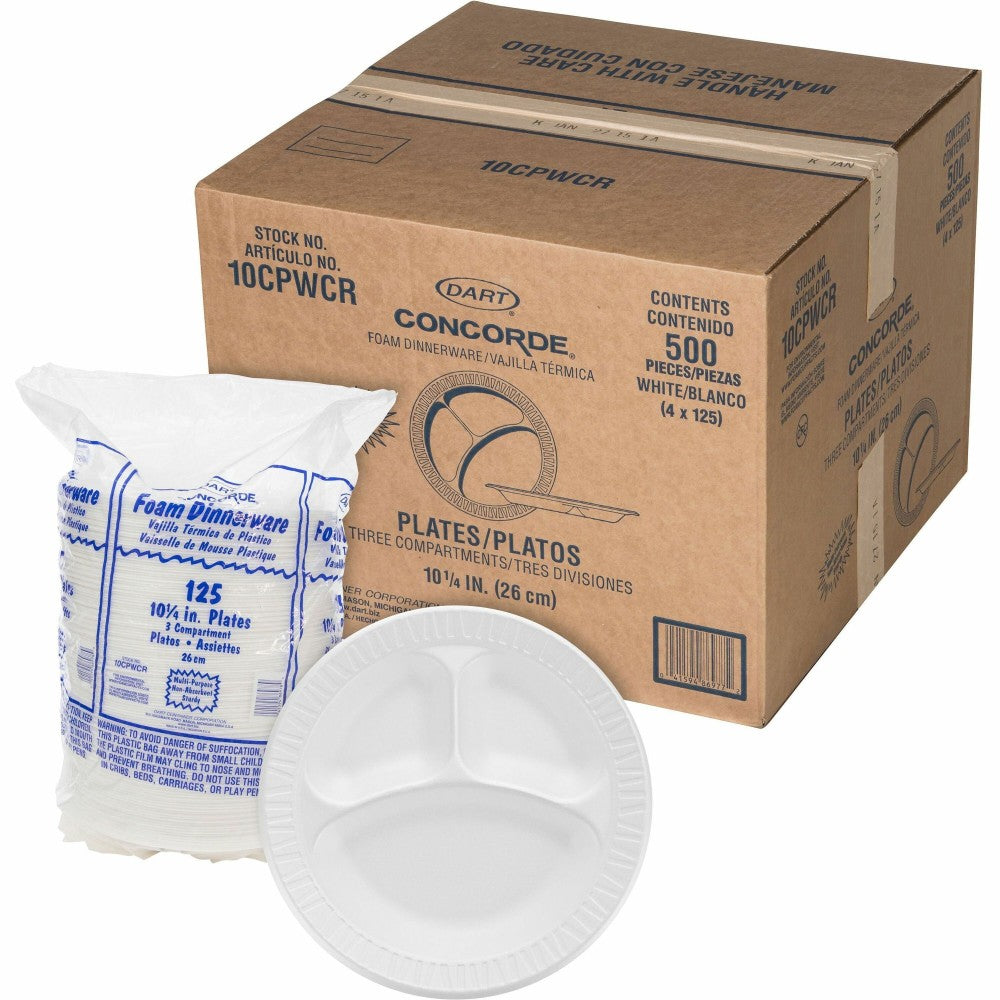 Dart Unlaminated Foam Compartment Plates, 10in, White, Pack Of 500