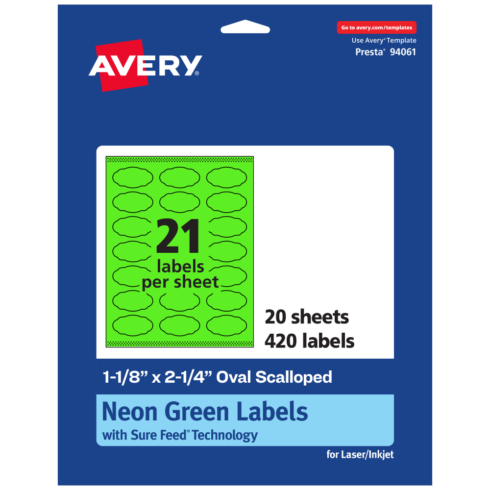 Avery Print-To-The-Edge Labels With Sure Feed Technology And Easy Peel, 94061-NGP20, Oval Scalloped, 1-1/8in x 2-1/4in, Matte Neon Green, Pack of 420