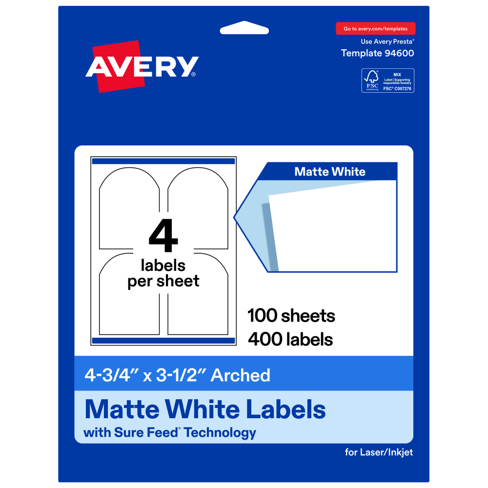 Avery Permanent Labels With Sure Feed, 94600-WMP100, Arched, 4-3/4in x 3-1/2in, White, Pack Of 400