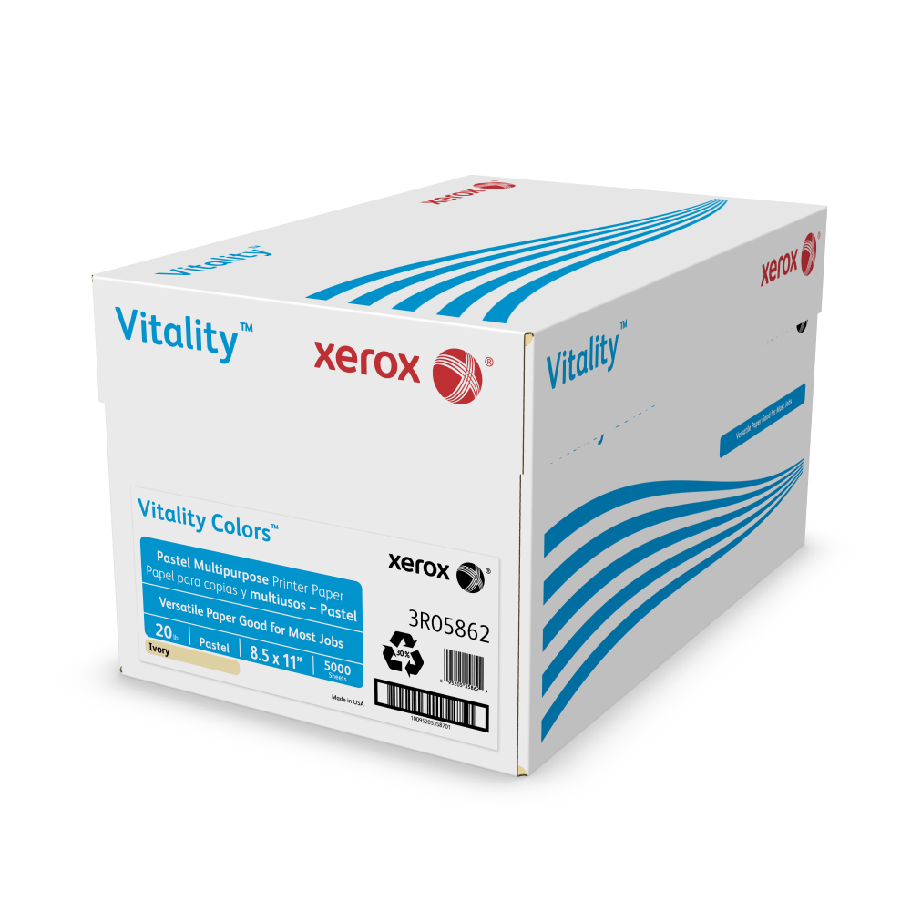 Xerox Vitality Colors Pastel Multi-Use Printer & Copy Paper, 10 Reams, Ivory, Letter (8.5in x 11in), 5000 Sheets Per Case, 20 Lb, 30% Recycled