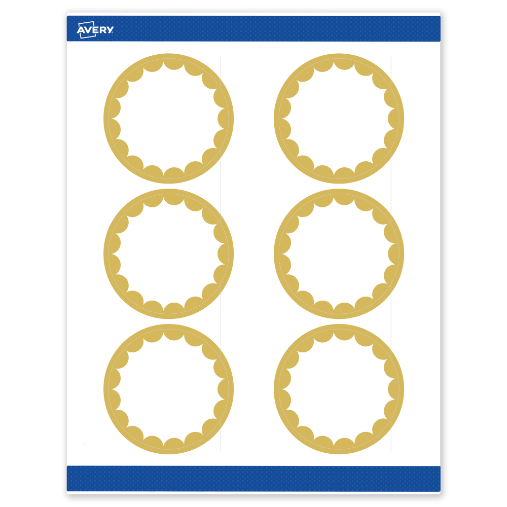Avery Print-To-The-Edge Labels With Sure Feed Technology, S00-DK0-PRWMP10, Round, 3in, Matte White, Preprinted Gold Dots Edge Design, Pack Of 60