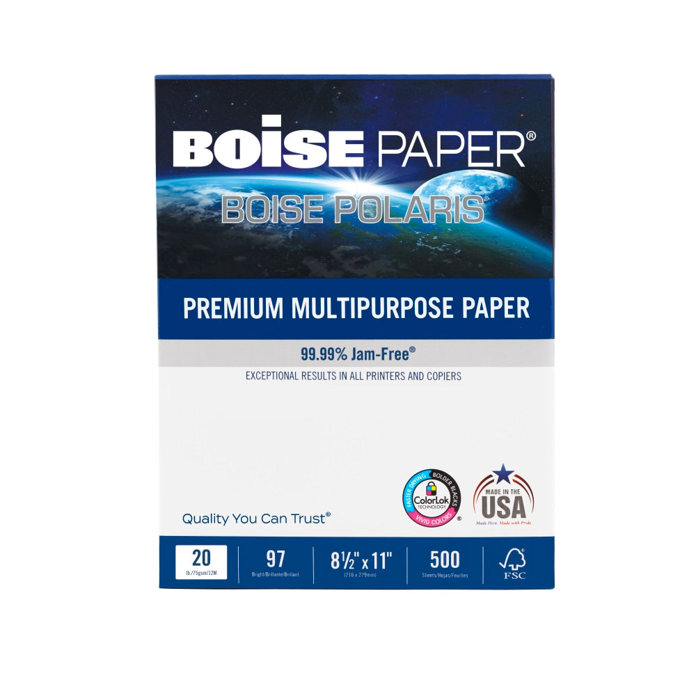 Boise POLARIS Premium Multi-Use Printer & Copy Paper, 1 Ream, White, Letter (8.5in x 11in), 500 Sheets Per Ream, 20 Lb, 97 Brightness
