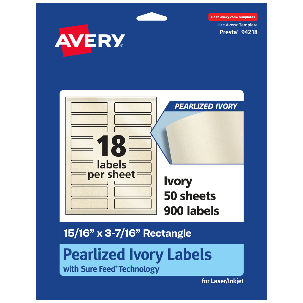 Avery Pearlized Permanent Labels With Sure Feed, 94218-PIP50, Rectangle, 15/16in x 3-7/16in, Ivory, Pack Of 900 Labels