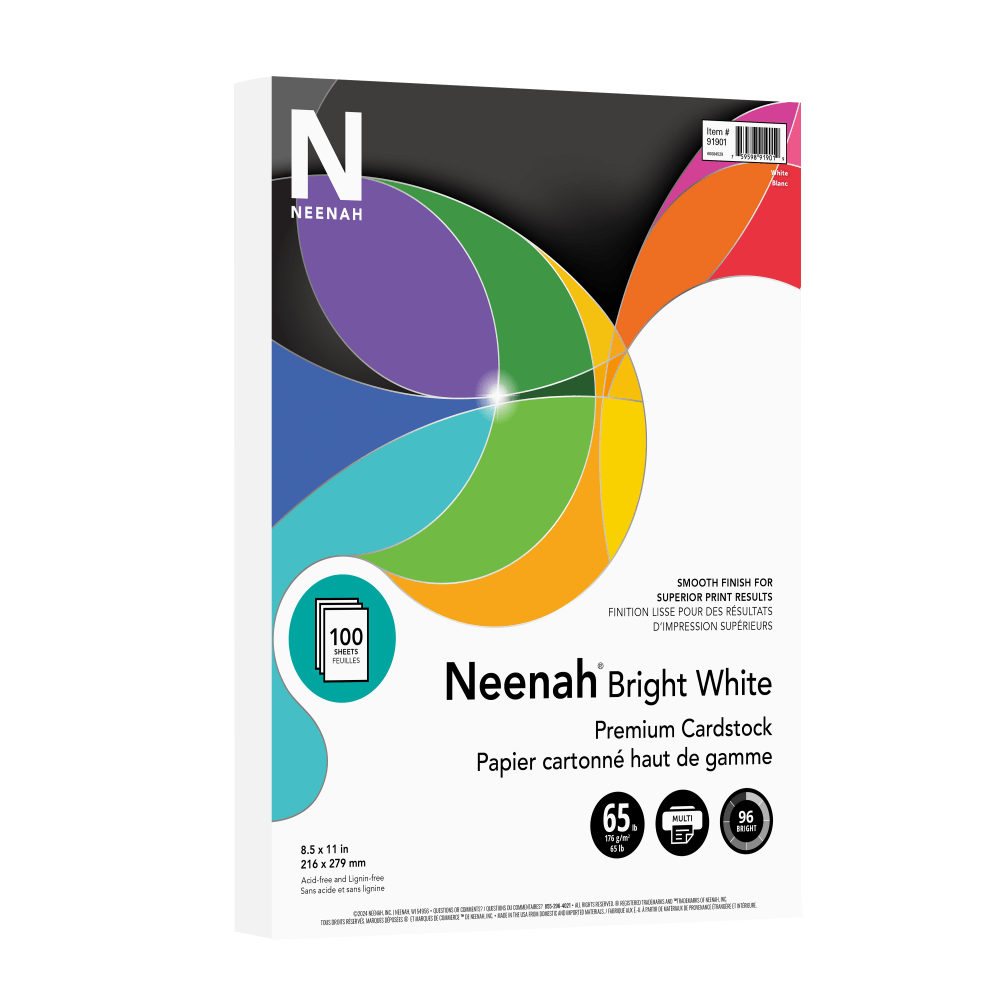 Neenah Multi-Purpose Card Stock, Bright White, Letter (8.5in x 11in), 65 Lb, Pack Of 100