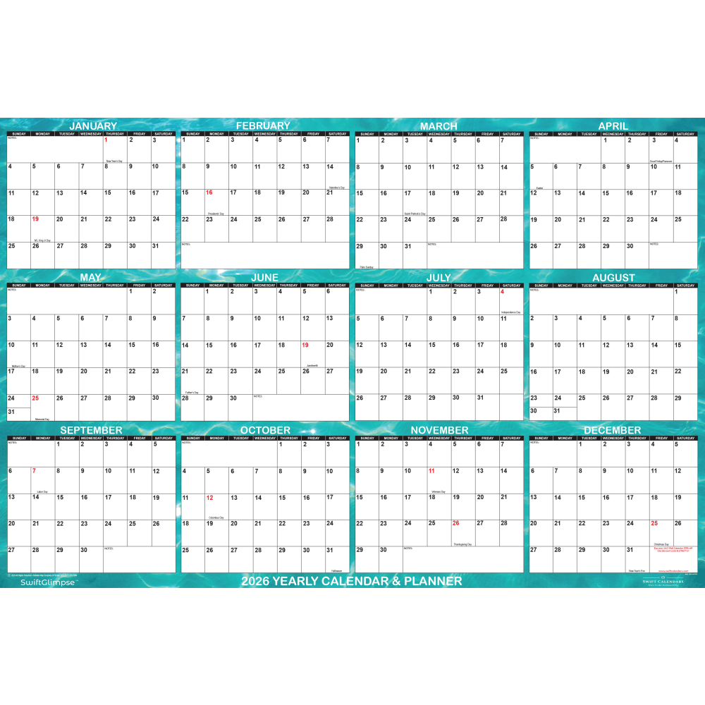 2026 SwiftGlimpse Designer Wall Calendar, 24in x 36in, Turquoise Cool Green/White, January To December