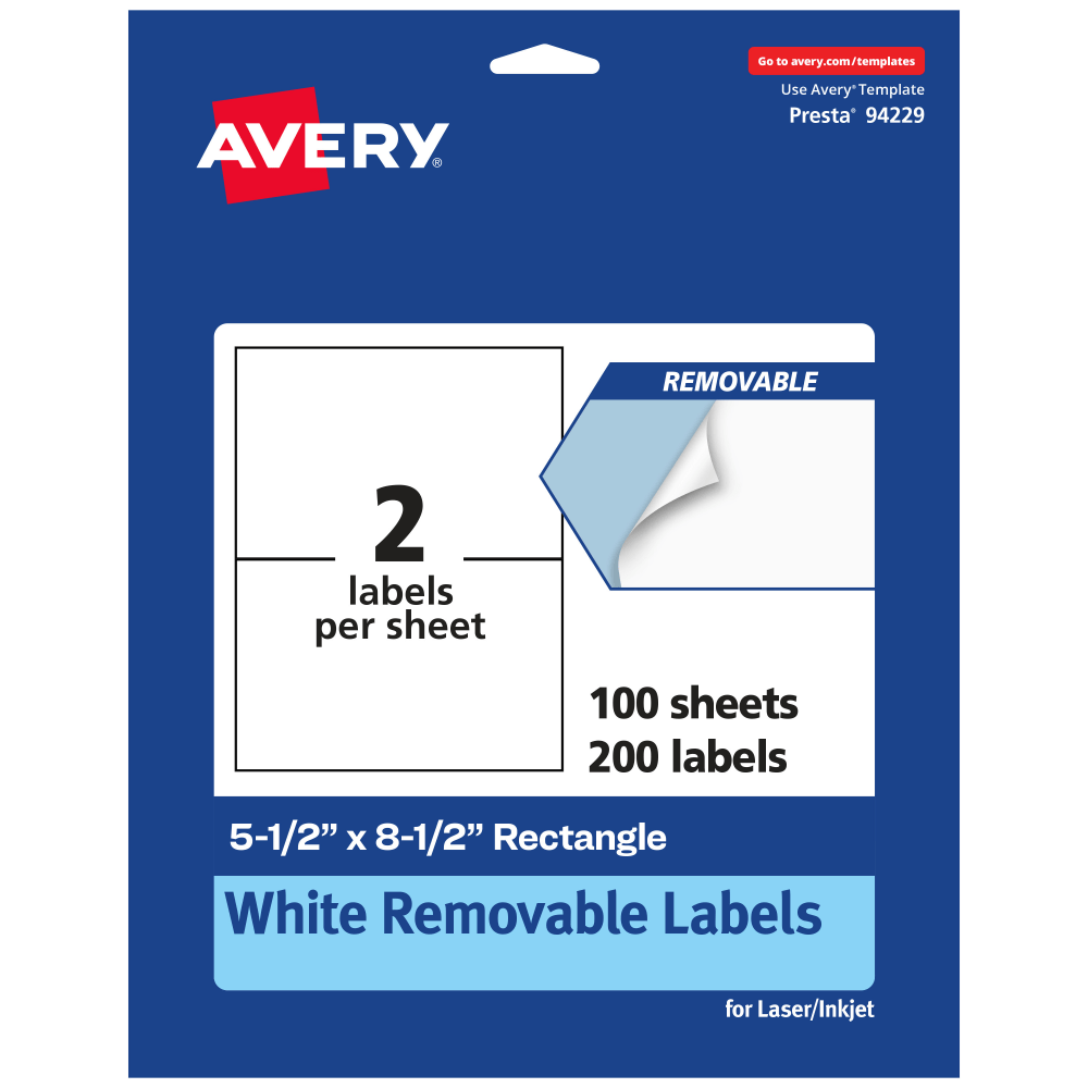 Avery Removable Labels, 94229-RMP100, Rectangle, 5-1/2in x 8-1/2in, White, Pack Of 200 Labels