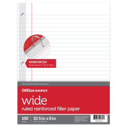 Office Depot Brand Reinforced Filler Paper, 8in x 10-1/2in, Wide Ruled, White, Pack Of 100 Sheets