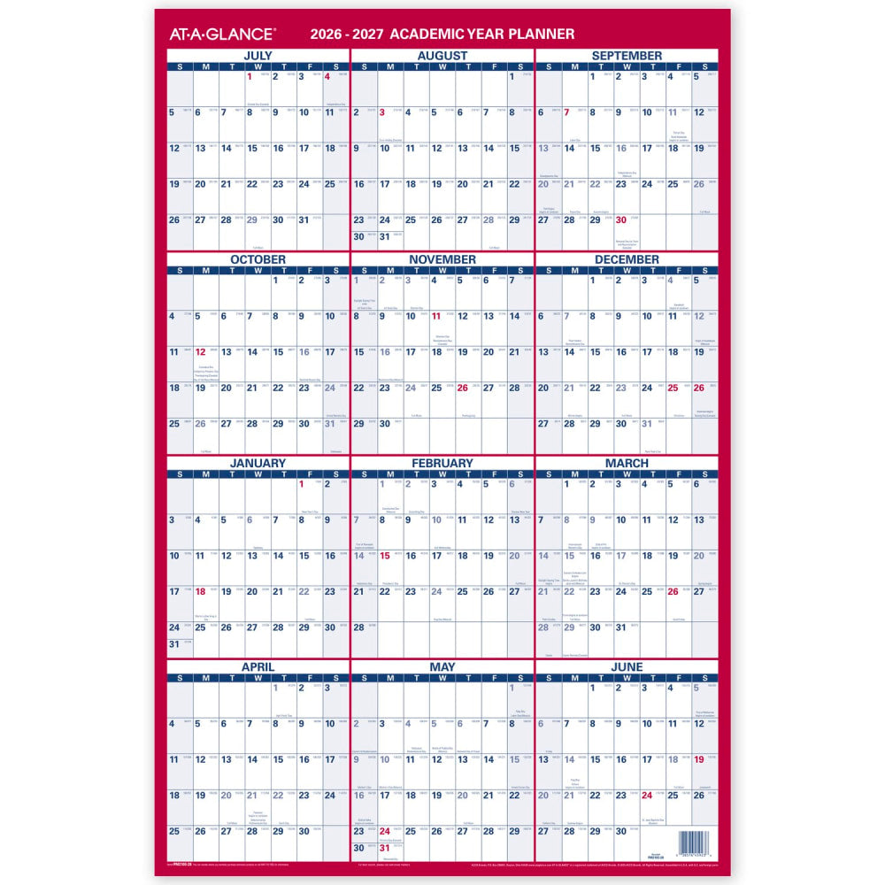 AT-A-GLANCE Vertical Reversible Erasable Academic and Regular Year 2026-2027 Wall Calendar, Large, 36in x 24in