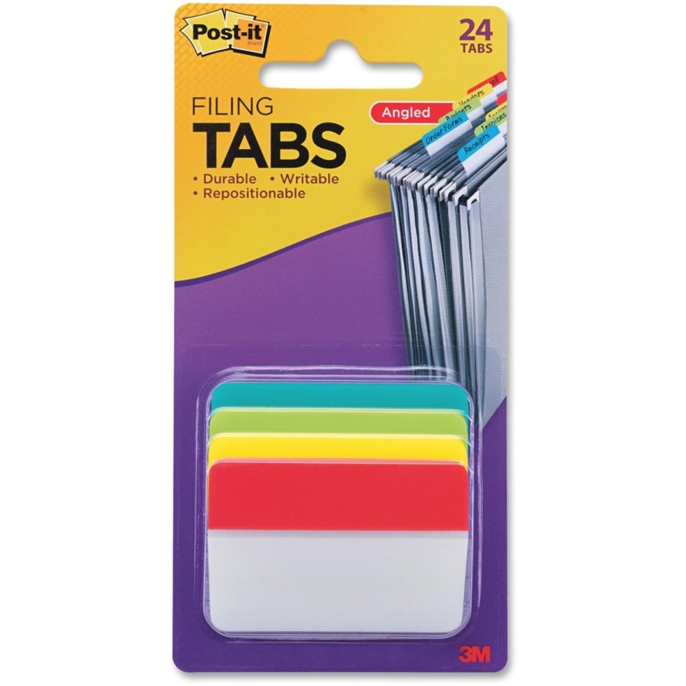 Post-it Notes Durable Angled Hanging File Folder Tabs, 2in, Pack Of 24 Tabs, Assorted Colors.