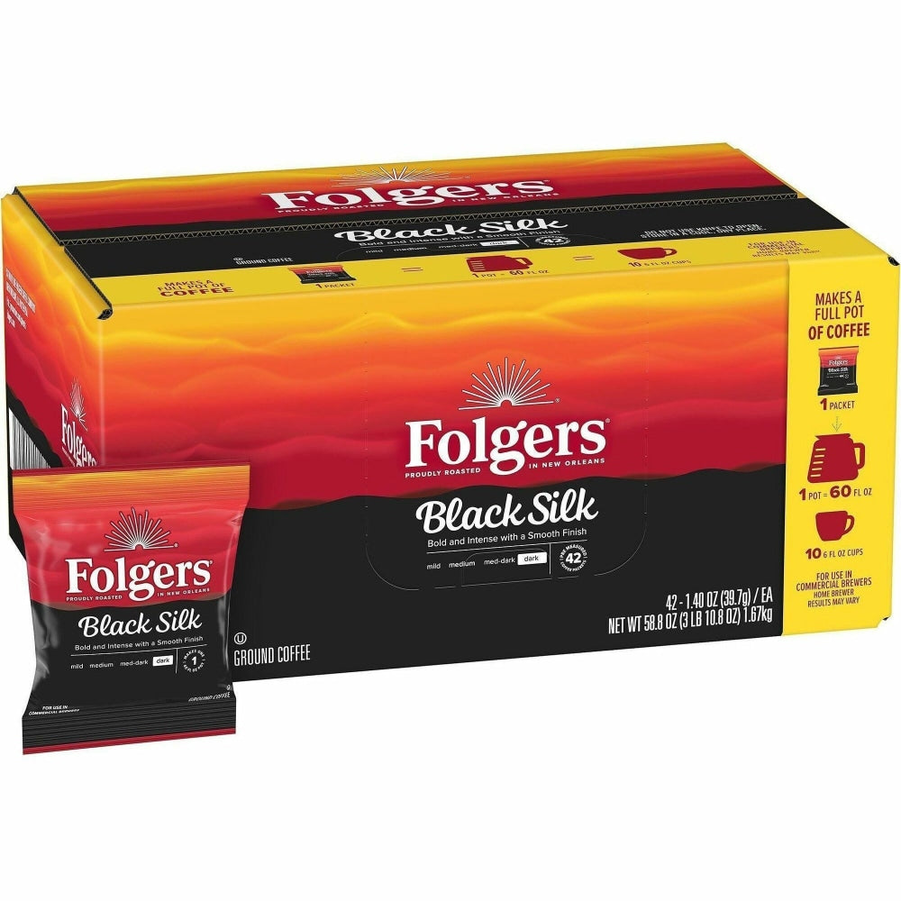 Folgers Black Silk Single-Serve Packs, Dark Roast, 1.4 Oz Per Bag, Carton Of 42