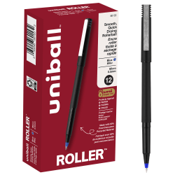 uni-ball Rollerball Pens, Micro Point, 0.5 mm, 80% Recycled, Black Barrel, Blue Ink, Pack Of 12 Pens