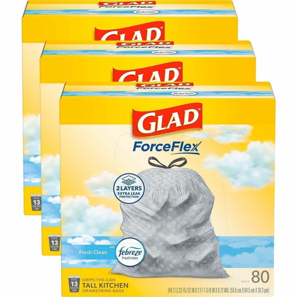 Glad ForceFlex Tall Kitchen Drawstring Trash Bags With Febreze Freshness, 13 Gallon, White, Total Qty 240