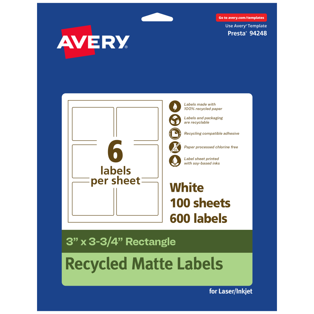 Avery Recycled Paper Labels, 94248-EWMP100, Rectangle, 3in x 3-3/4in, White, Pack Of 600