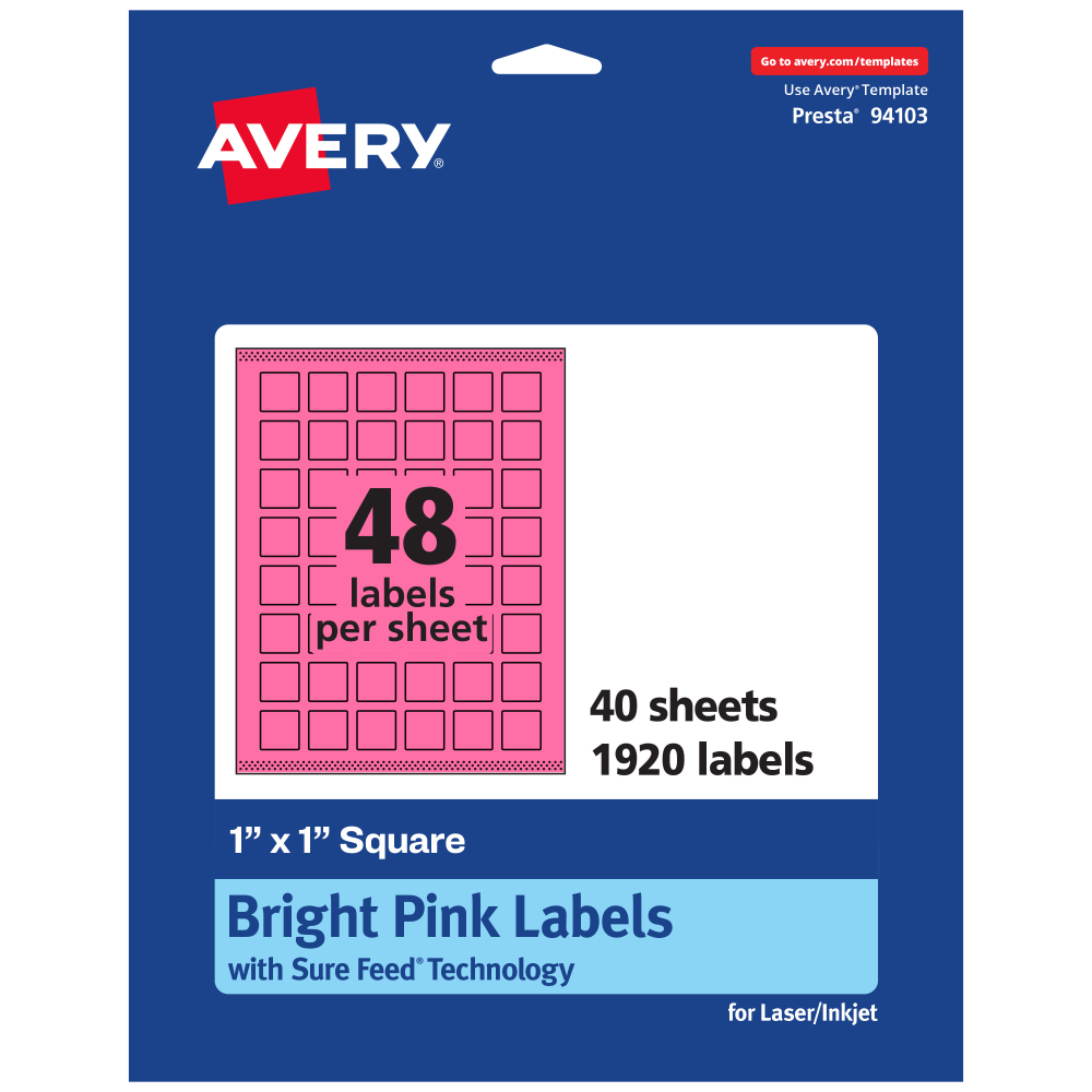 Avery Print-To-The-Edge Labels With Sure Feed Technology And Easy Peel Label Feature, 94103-BPP40, Square, 1in x 1in, Matte Bright Pink, Pack of 1920