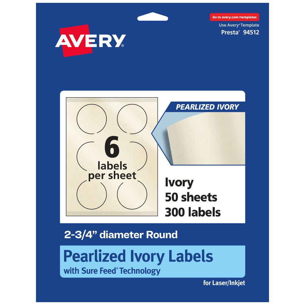 Avery Pearlized Permanent Labels With Sure Feed, 94512-PIP50, Round, 2-3/4in Diameter, Ivory, Pack Of 300 Labels