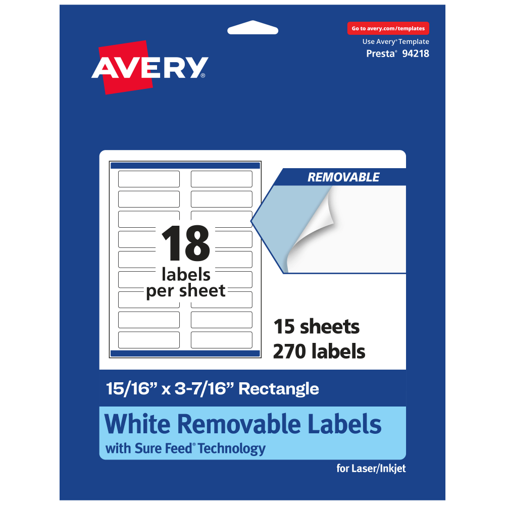 Avery Removable Labels With Sure Feed, 94218-RMP15, Rectangle, 15/16in x 3-7/16in, White, Pack Of 270 Labels