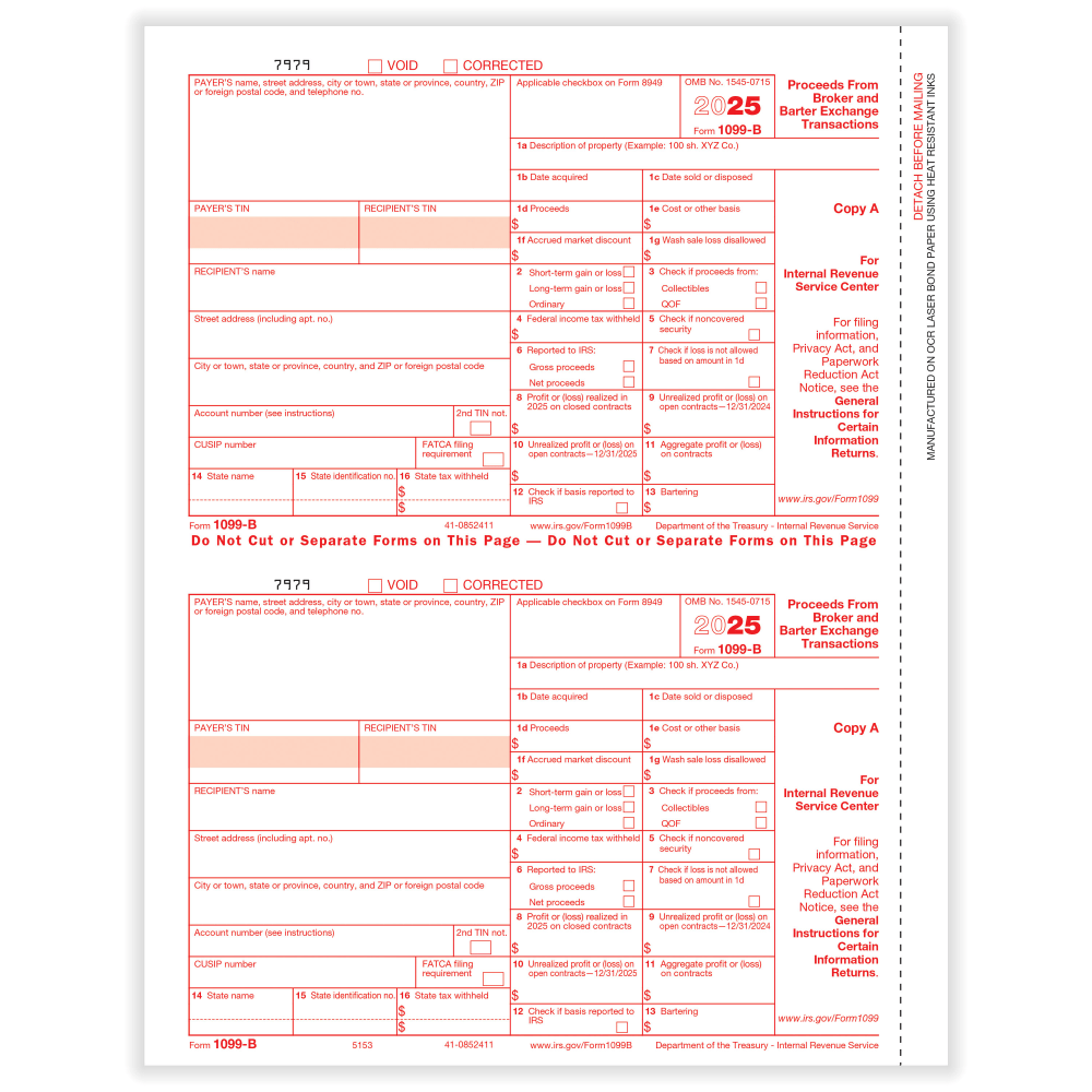 ComplyRight 1099-B Tax Forms, Federal Copy A, 2-Up, 8-1/2in x 11in, Pack Of 100 Forms, 51535025