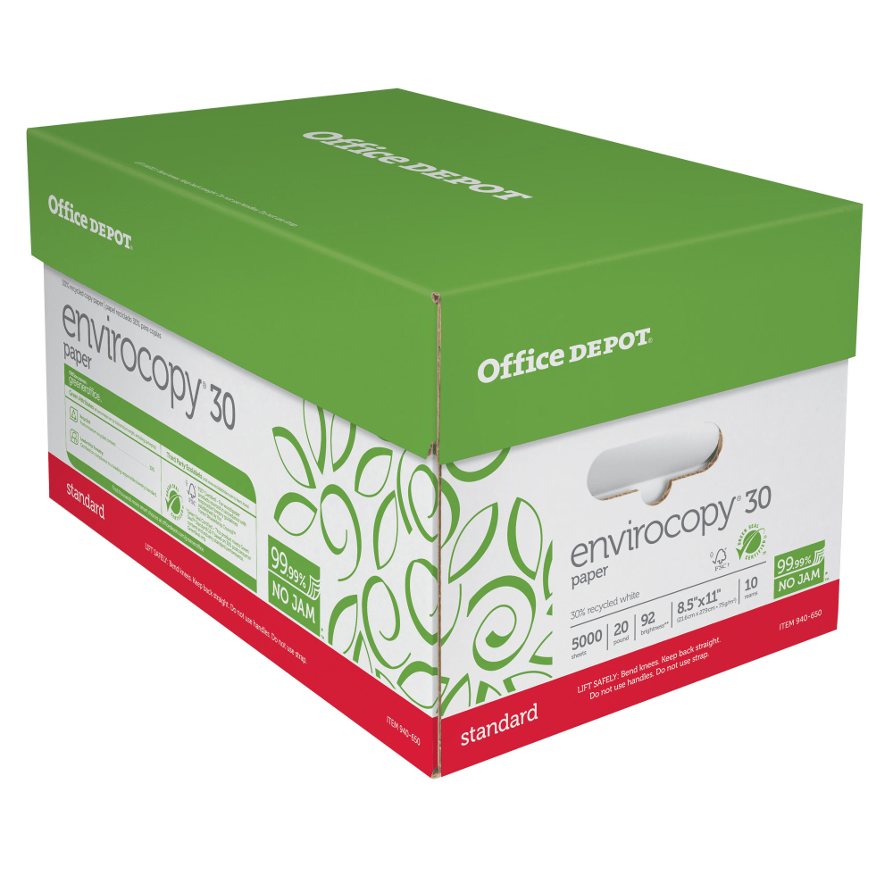Office Depot EnviroCopy Copy Paper, 10 Reams, White, Letter (8.5in x 11in), 5000 Sheets Per Case, 20 Lb, 30% Recycled, FSC Certified, 651001OD