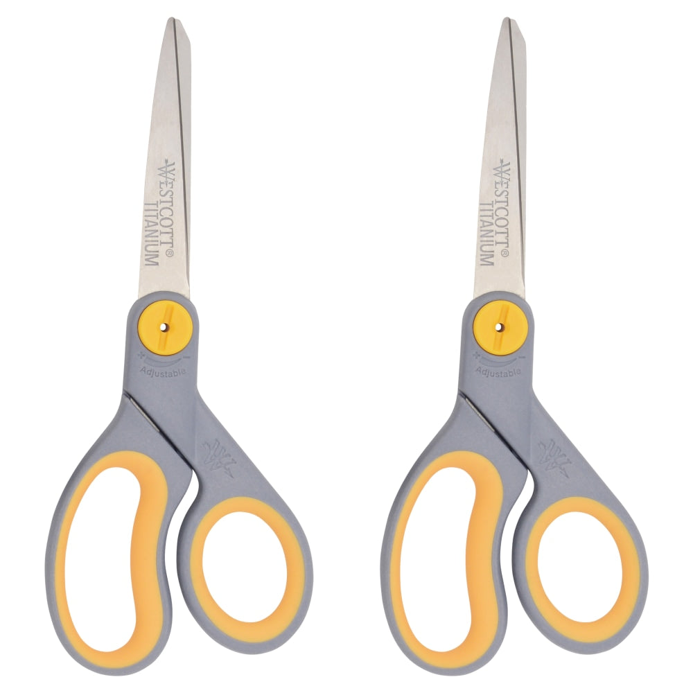 Westcott Titanium Bonded Scissors, 8in, Straight, Soft Handle, Adjustable Guide, Pointed, Gray/Yellow, Pack Of 2