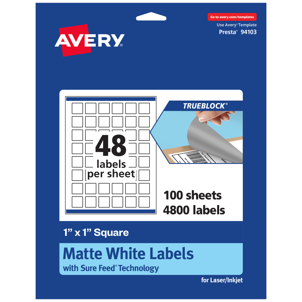 Avery Print-To-The-Edge TrueBlock Labels With Sure Feed, 94103-TWMP100, Square, 1in x 1in, Matte White, Pack Of 4800