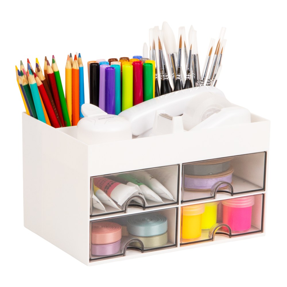 Mind Reader 4-Drawer Craft Supply Organizer With Top Tray, 4-3/4inH x 5-5/8inW x 8-1/8inD, White, Total Qty 1