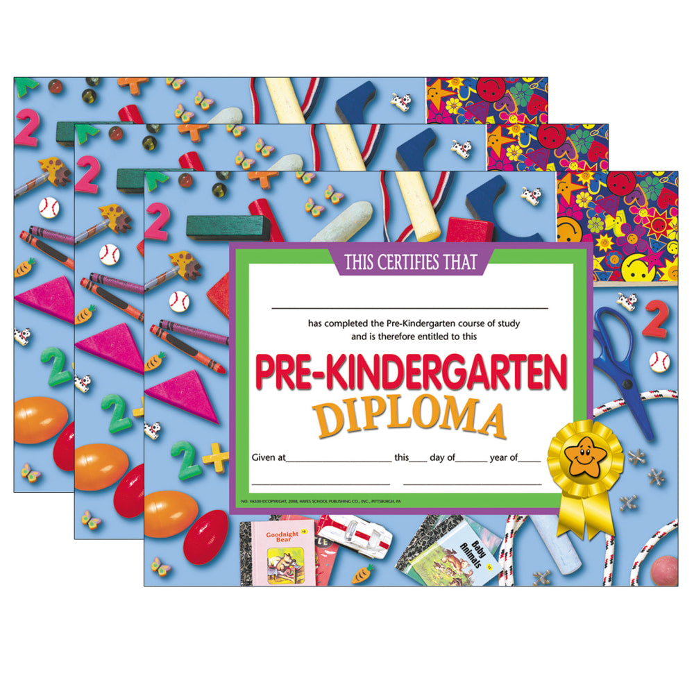Hayes Certificates, 8-1/2in x 11in, Pre-Kindergarten Diploma, 30 Certificates Per Pack, Set Of 3 Packs