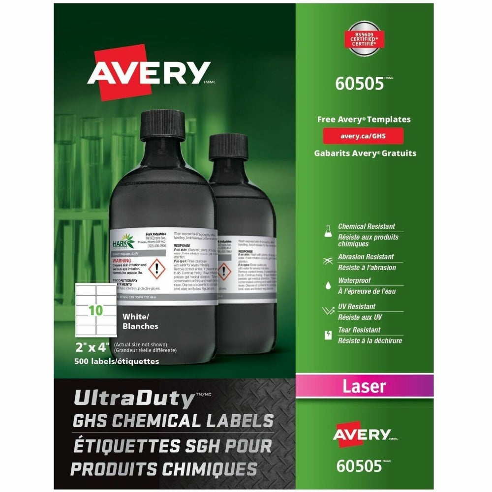 Avery UltraDuty GHS Chemical Labels, AVE60505, 2in x 4in, White, Box Of 500