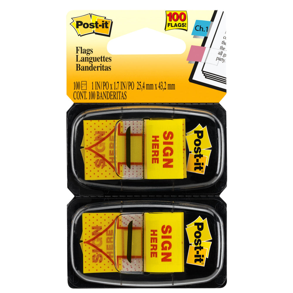 Post-it Flags, 1 x 1.7 in, 2 Dispensers, 50 Flags/Dispenser, Yellow, "Sign Here", Back to School Supplies for Students, Flags for Textbooks