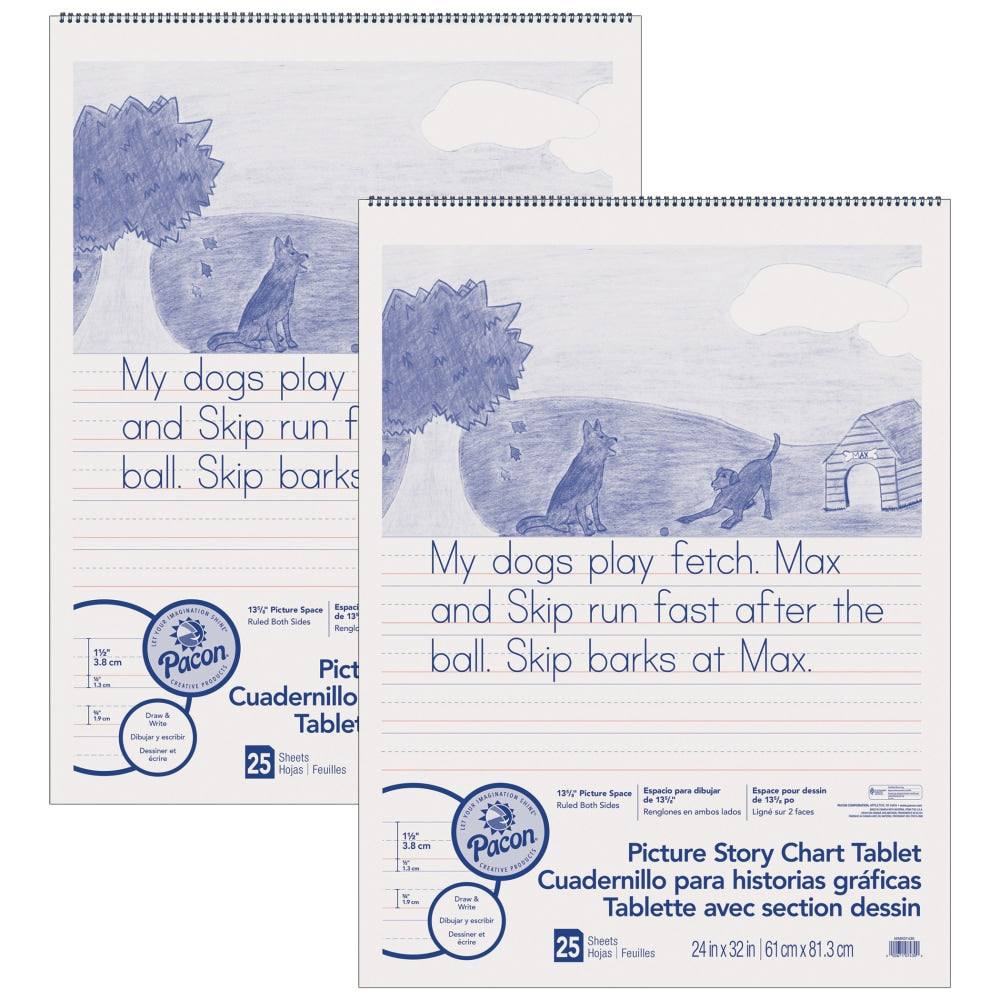 Pacon Picture Story Chart Tablet, 24in x 32in, 1-1/2in Ruled, White, 25 Sheets Per Pack, Set Of 2 Packs