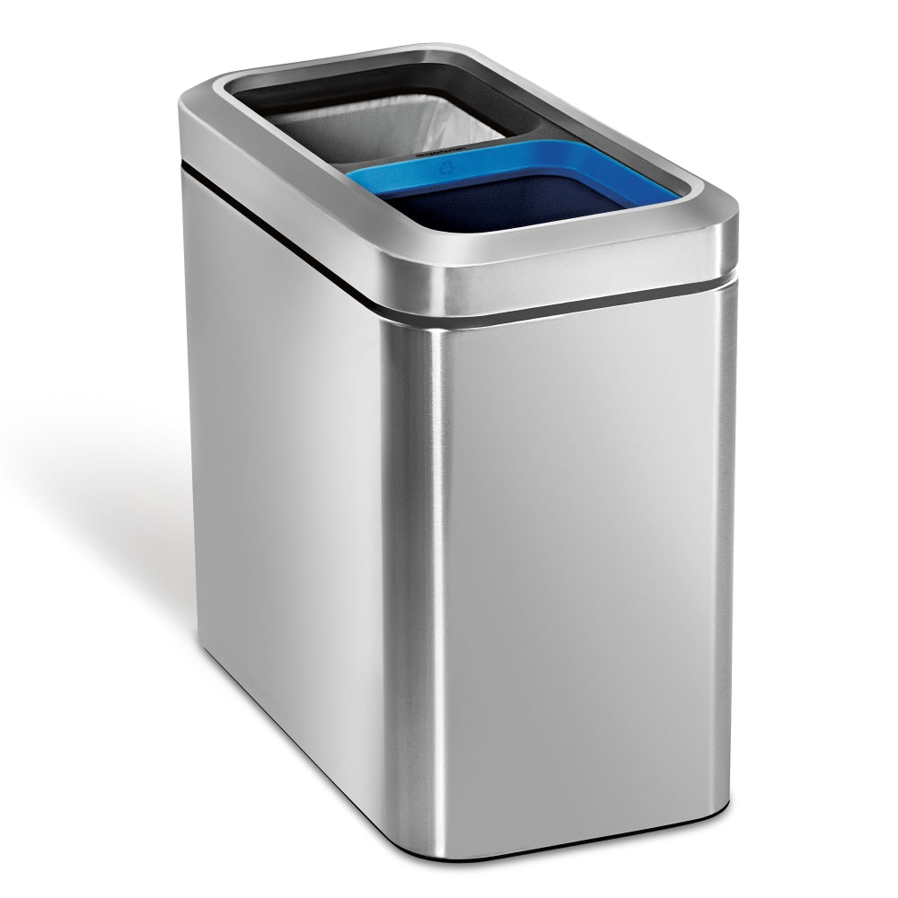 simplehuman Slim Open Top Mini Trash Can, 5.3 Gallons, Dual Compartment Recycler, 15.2inH x 8.7inW x 16.7inD, Rectangular, Brushed Stainless Steel