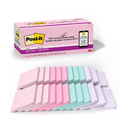 Post-it Super Sticky 100% Recycled Paper Notes, 3 x 3 in, 24 Note Pads, 70 Sheets/Pad, 2X the Sticking Power, School Supplies, Wanderlust Pastels