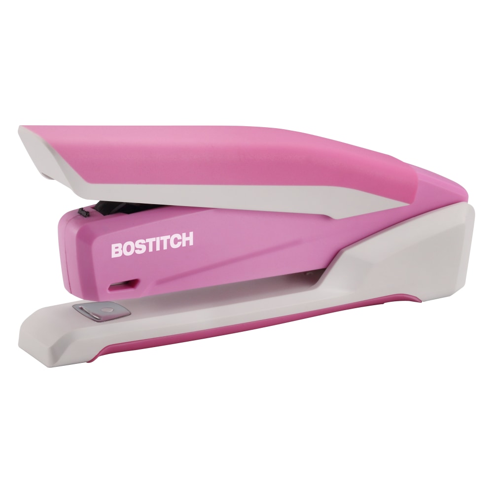 Bostitch InCourage Spring-Powered Desktop Stapler With Antimicrobial Protection, 20 Sheets Capacity, Pink/White
