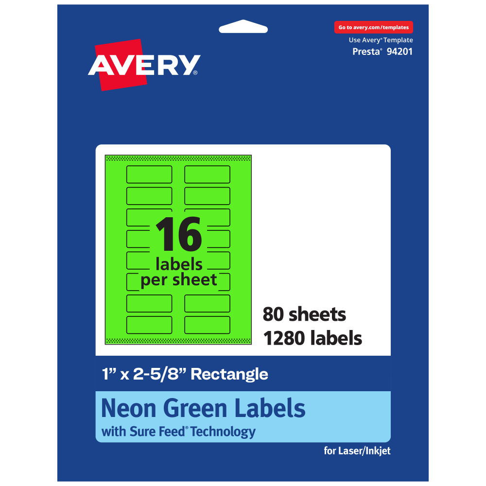Avery Print-To-The-Edge Labels With Sure Feed Technology And Easy Peel, 94201-NGP80, Rectangle, 1in x 2-5/8in, Matte Neon Green, Pack of 1280