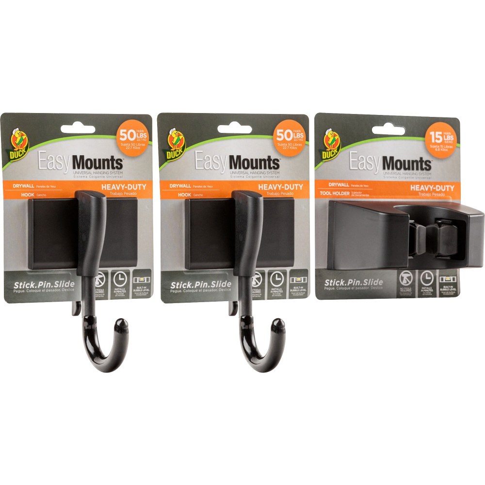 Duck Brand EasyMounts Heavy-Duty Garage Kit - 15 lb (6.80 kg), 50 lb (22.68 kg) Capacity - for Home, Garage, Broom, Shovel - Black - 1 Box