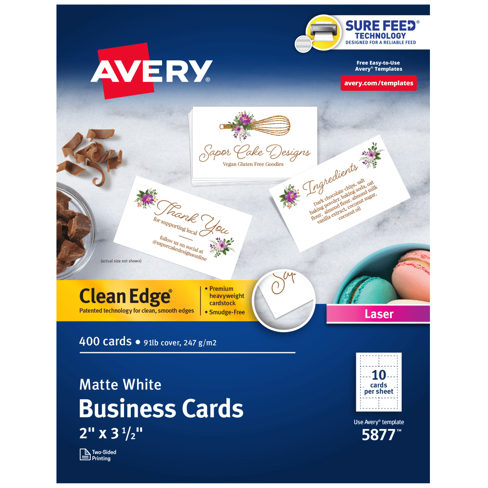 Avery Printable Clean Edge Business Cards With Sure Feed Technology for Laser Printers, 2in x 3-1/2in, White, Pack Of 400 Blank Cards