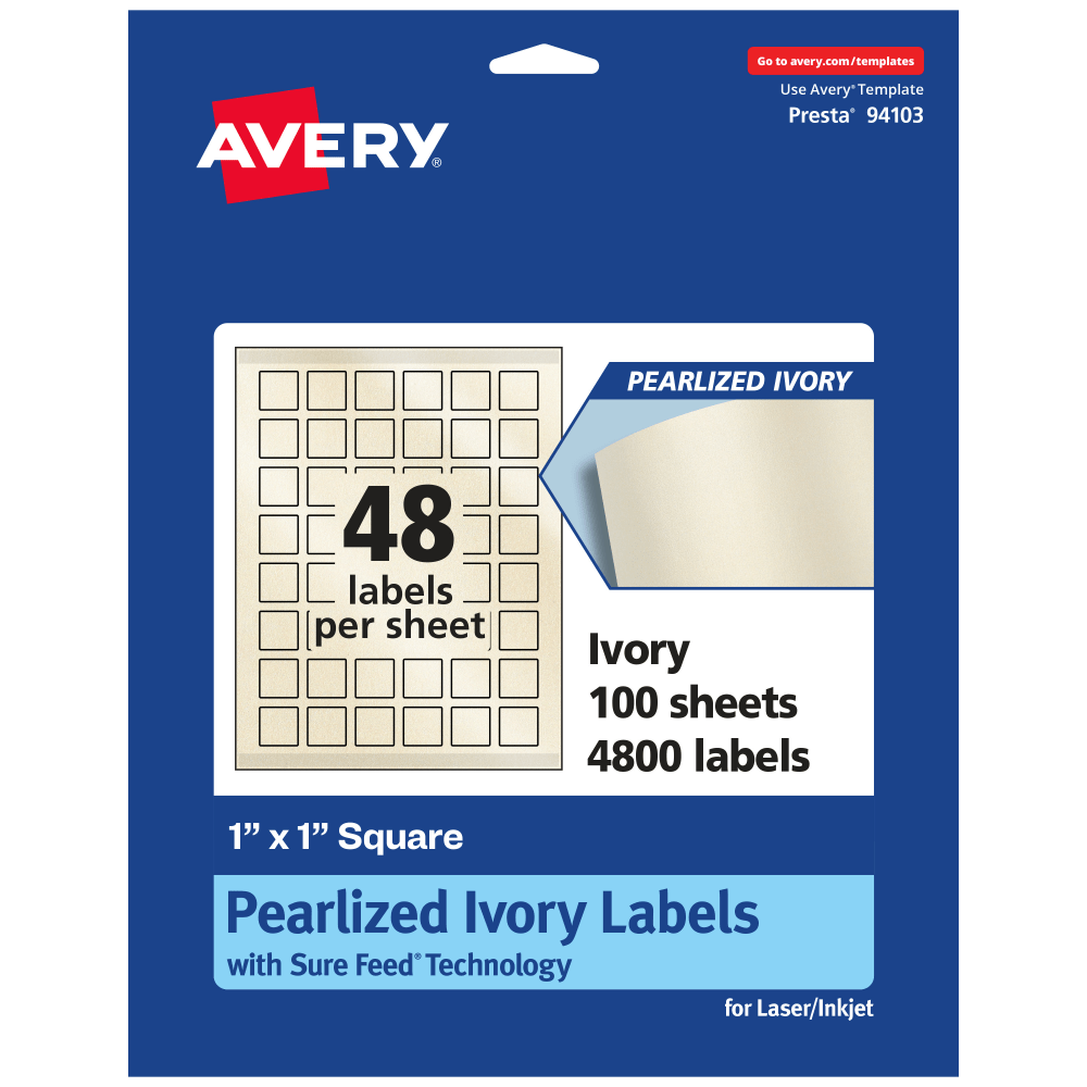 Avery Pearlized Permanent Labels With Sure Feed, 94103-PIP100, Square, 1in x 1in, Ivory, Pack Of 4,800 Labels