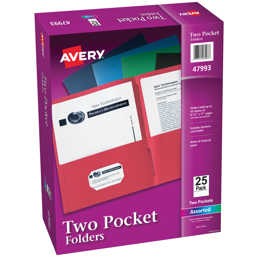 Avery Two Pocket Folders, 8-1/2in x 11in, Assorted (Black, Dark Blue, Green, Light Blue, Red), Box Of 25