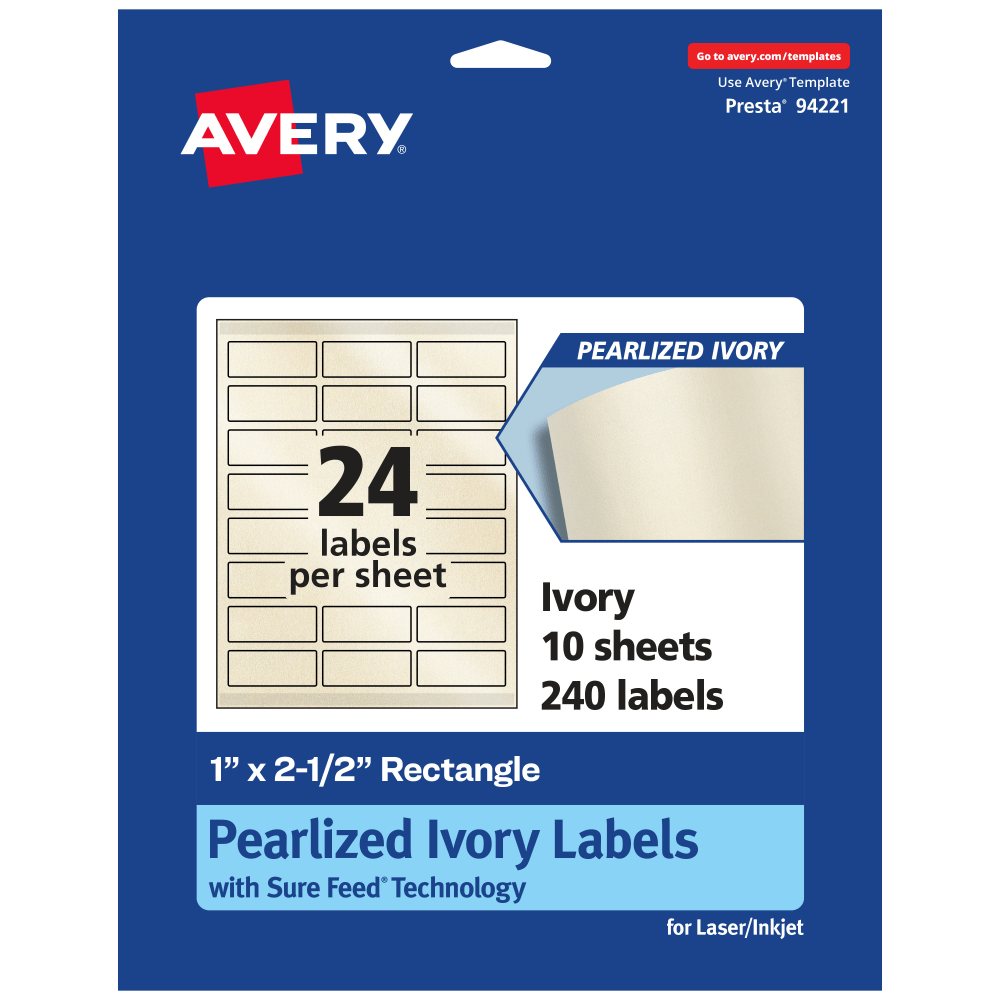Avery Pearlized Permanent Labels With Sure Feed, 94221-PIP10, Rectangle, 1in x 2-1/2in, Ivory, Pack Of 240